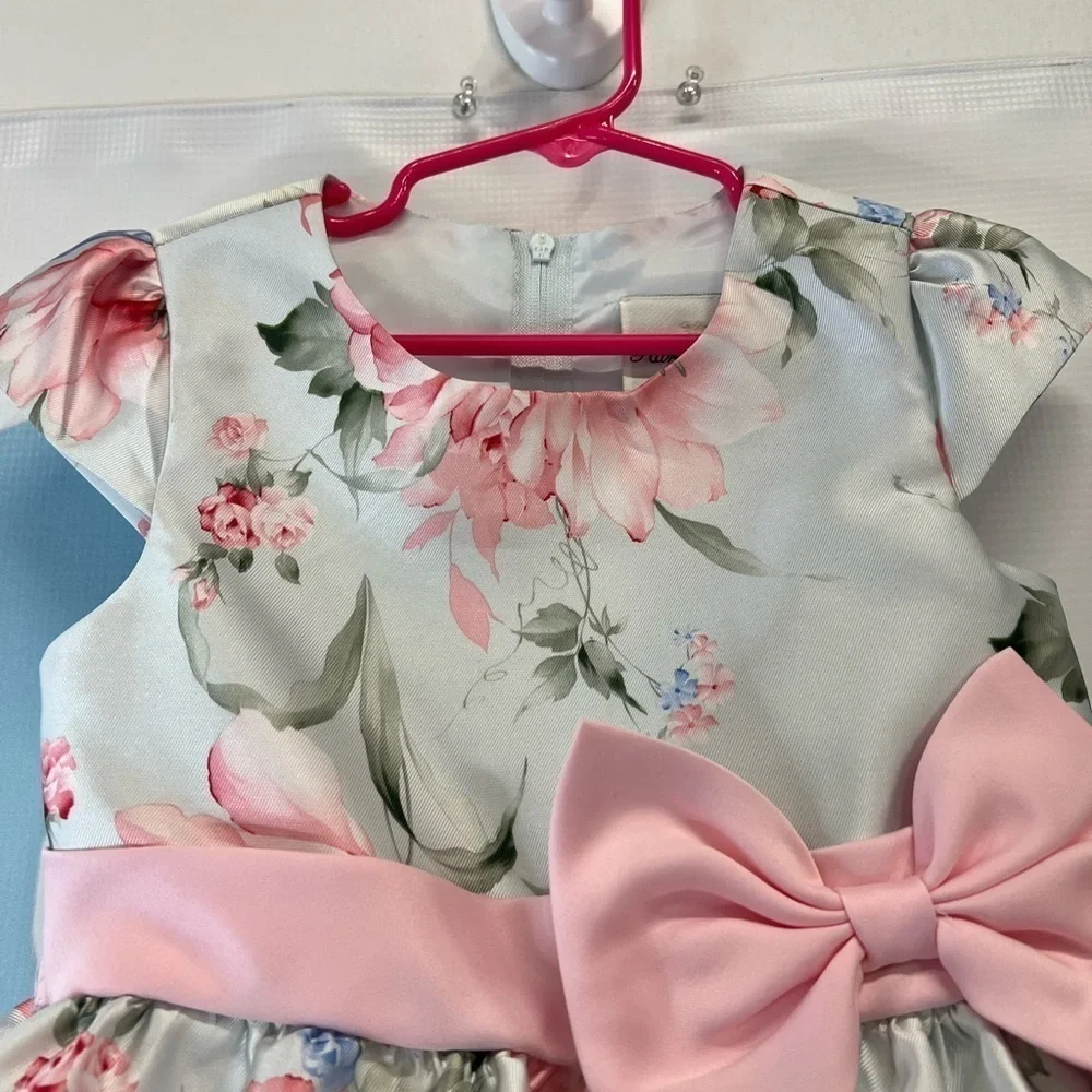 Rare Editions Girls flowery short sleeve dress with front bow and back bow - Picture 7 of 9